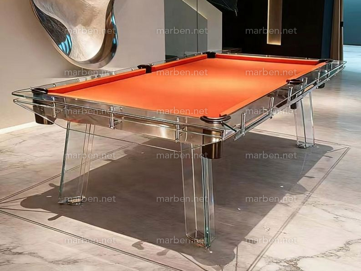 MESA DE BILLAR LUXURY GLASS1,  DE CRISTAL TEMPLADO ESTRUCTURA DE ACERO INOXIDABLE, 7FT ó 8FT